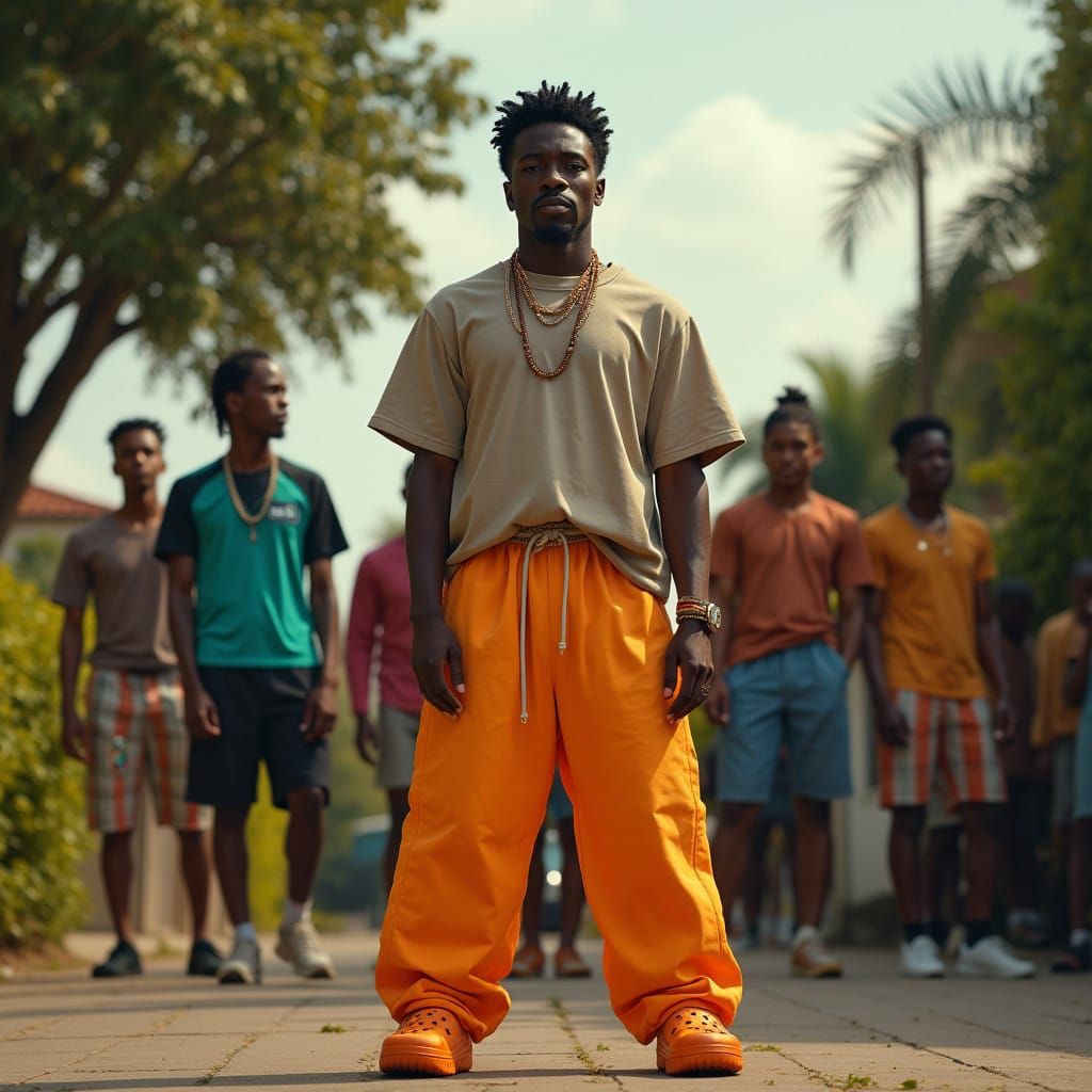 Modern Black Gentleman in Suburban Setting with Friends