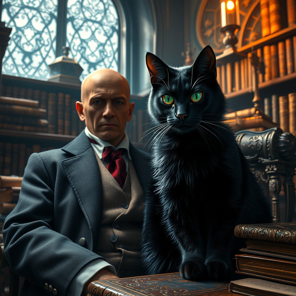 Mysterious Black Cat with H.P. Lovecraft in Eerie Study