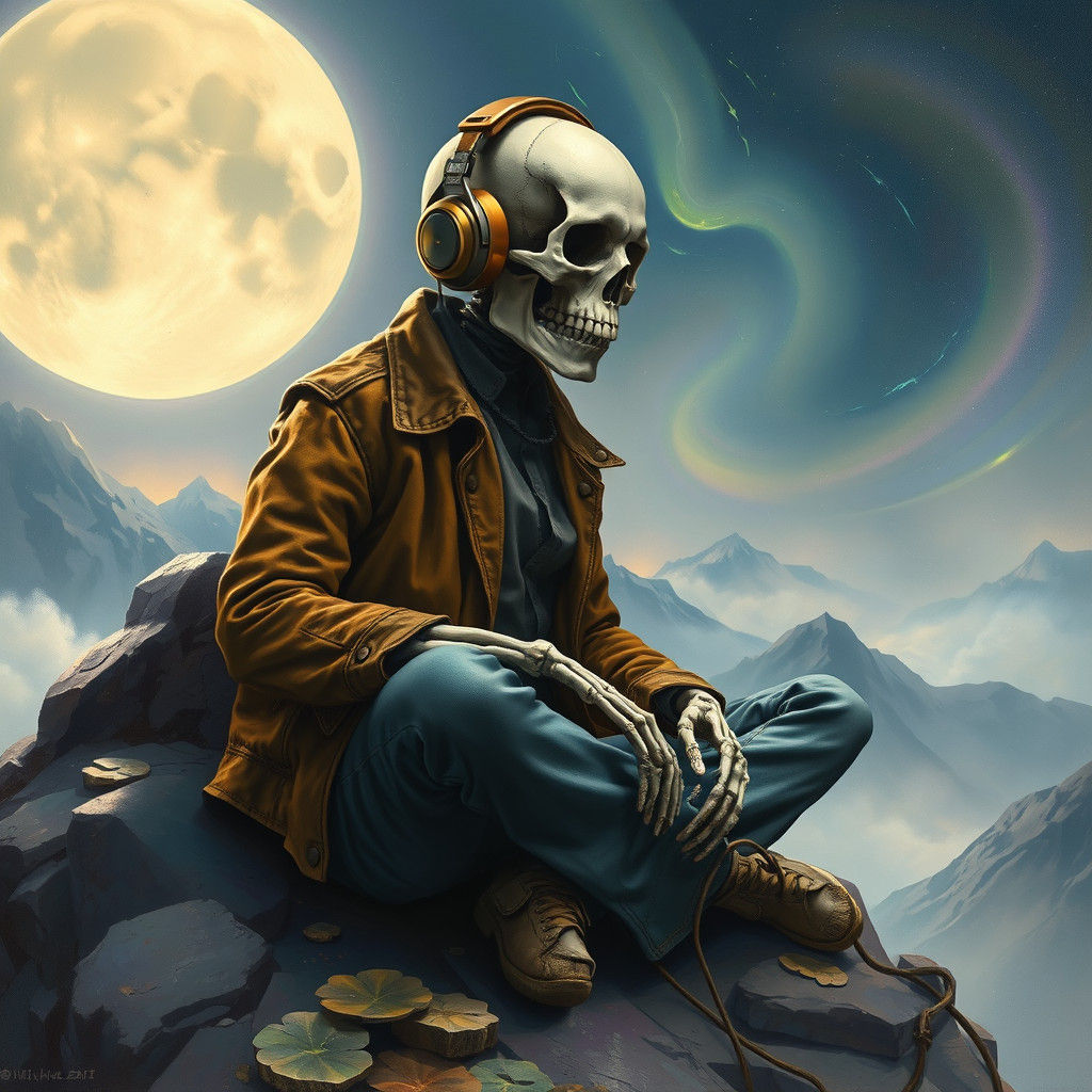 Ethereal Skeleton Listening to Music in Mystical Realm