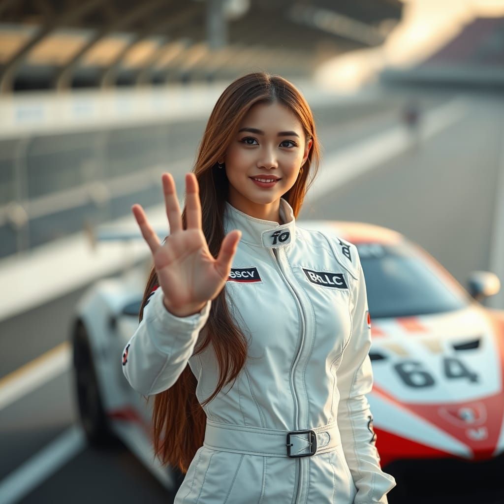 Beautiful Woman in Racing Suit on Racetrack