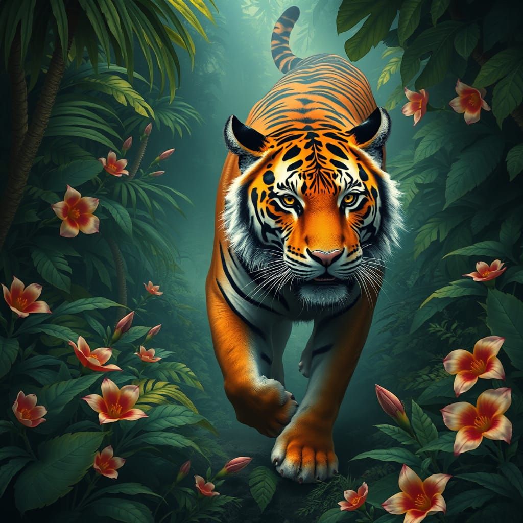 Tiger Navigates Lost Jungle in Digital Art Style