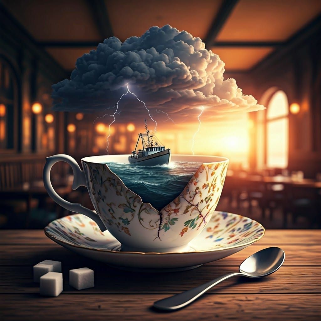 Stormy Teacup: 3D Art of Boat in a Cup
