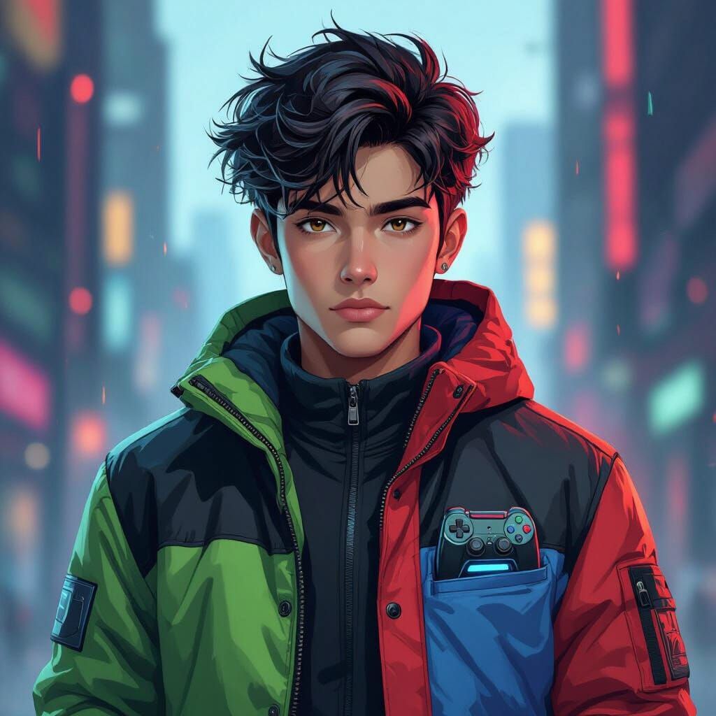 Young Man AI in Retro-Futuristic Jacket with Game Controller