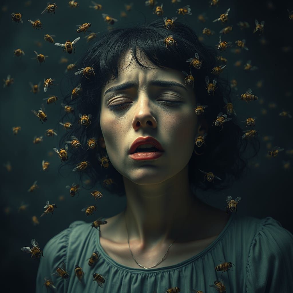Surreal Bee Swarm Nightmare in Ominous Setting