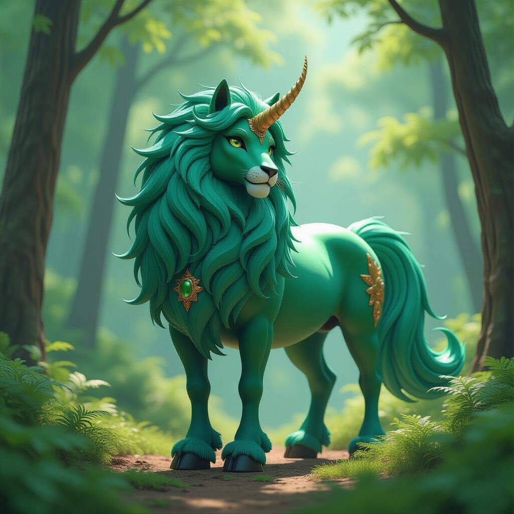 Emerald Lion-Horse Hybrid in Lush Anime Forest