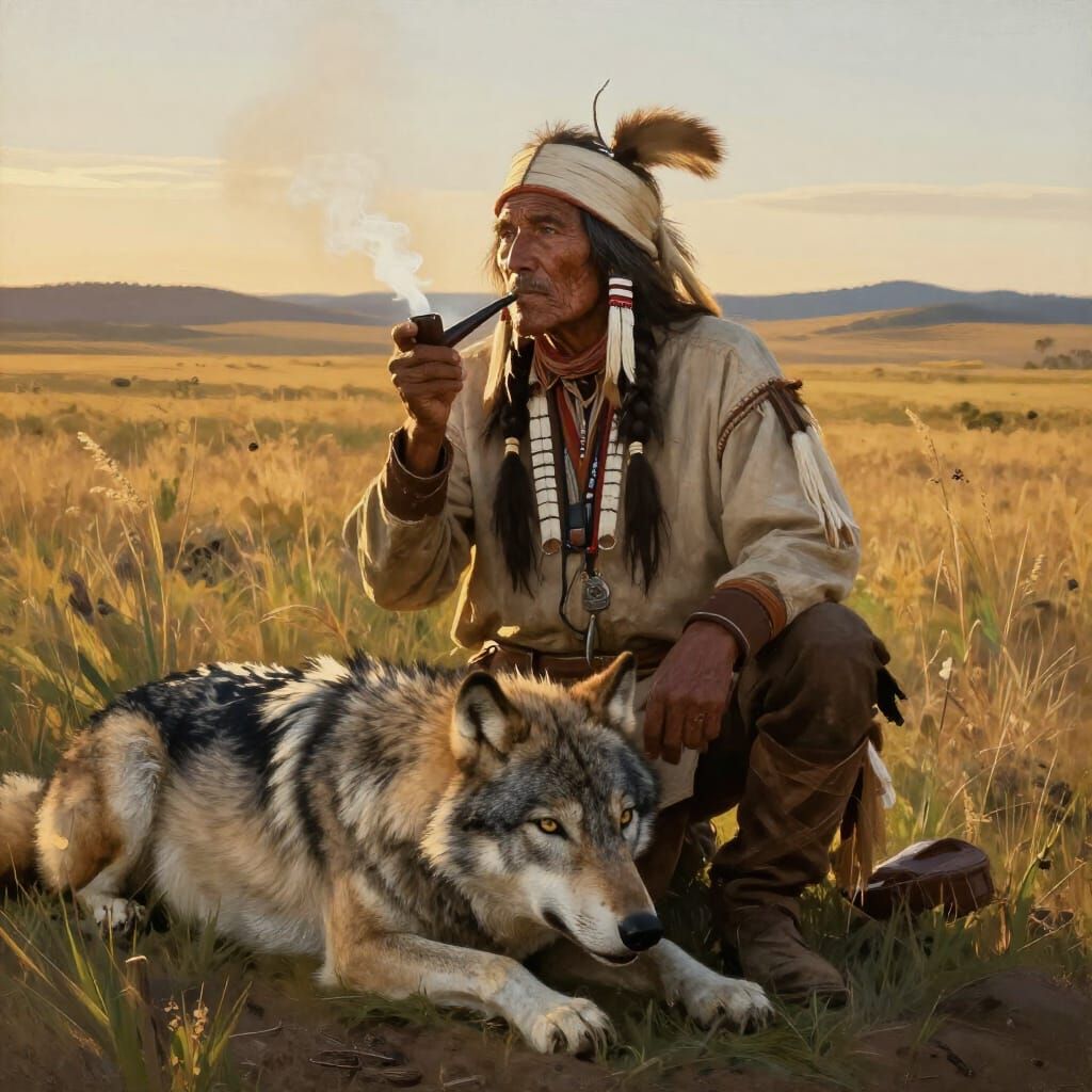 Native American Chief and Wolf on Prairie in Classic Western...