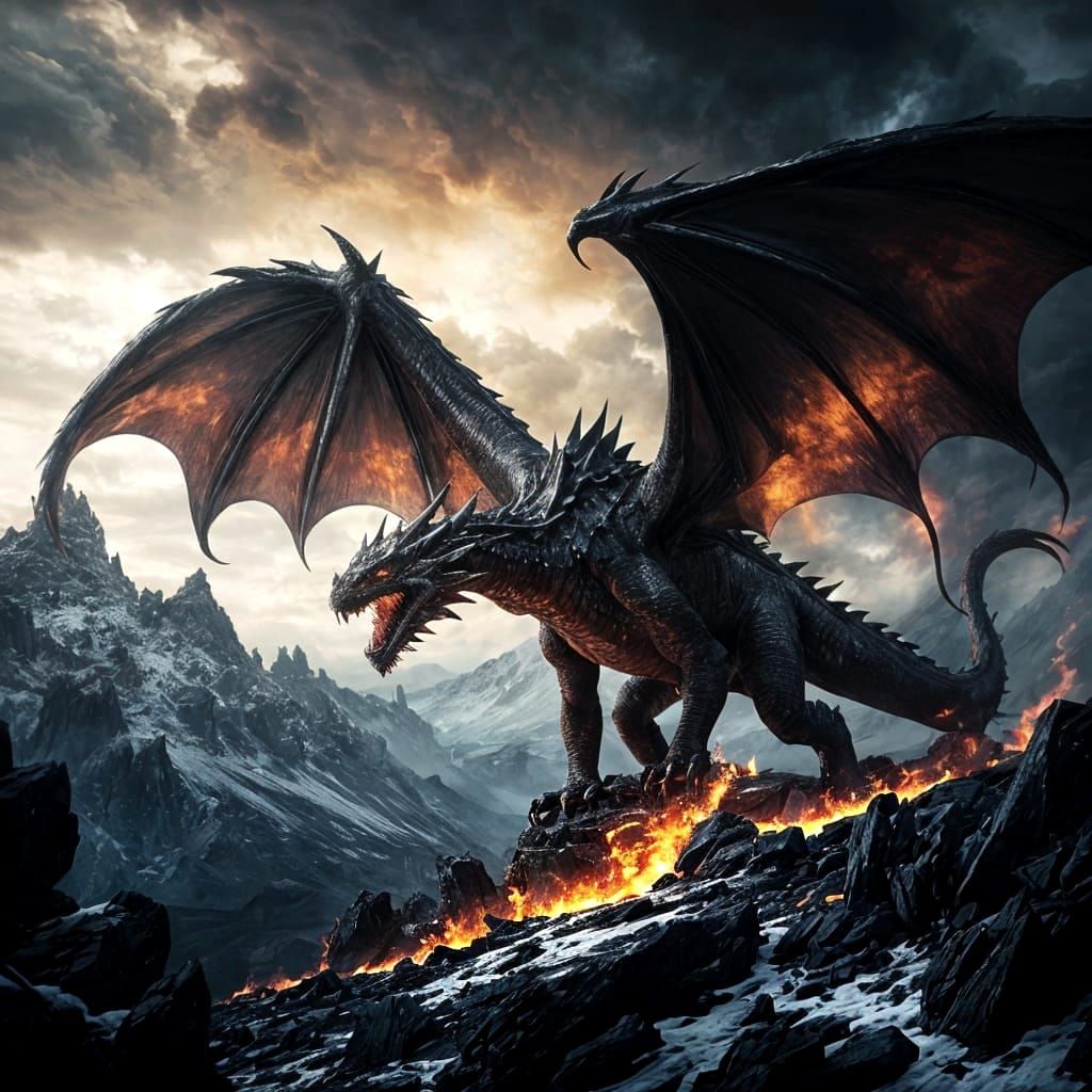 Dragon Descends Breathing Fire in Dark Fantasy Style