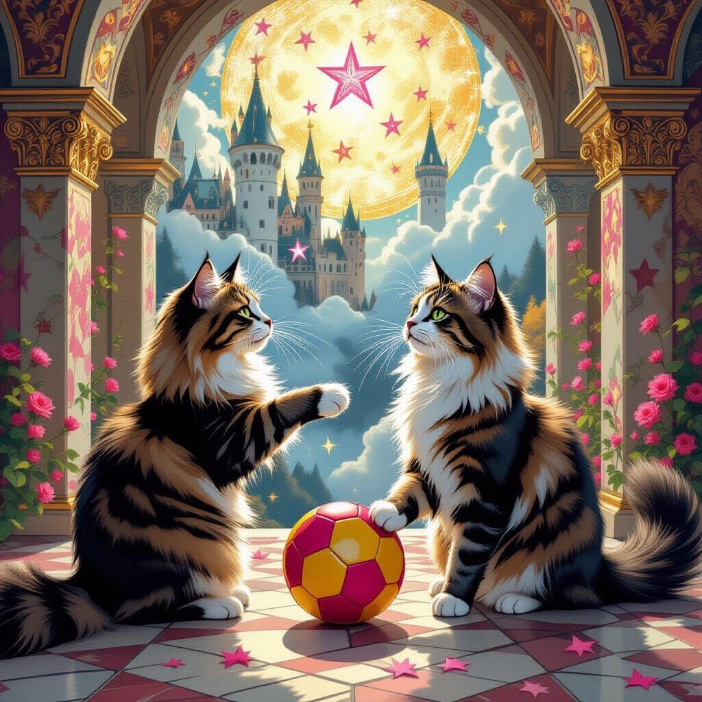 Cats Play in a Castle with Klimt Wallpaper and Chagall Atmos...