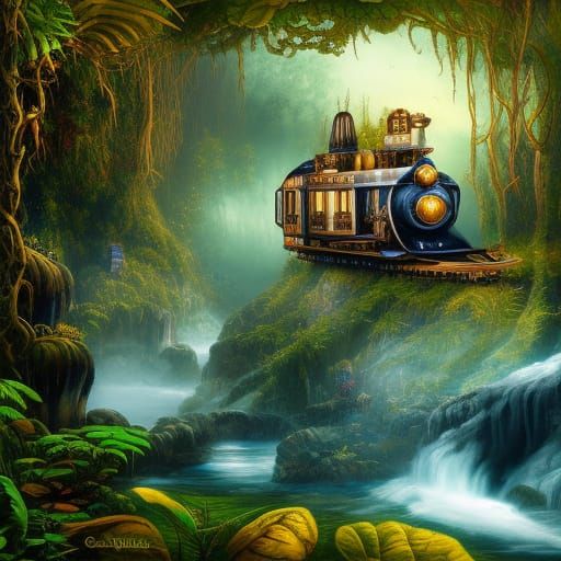 Steampunk Train Journey Through Sapphire River Jungle