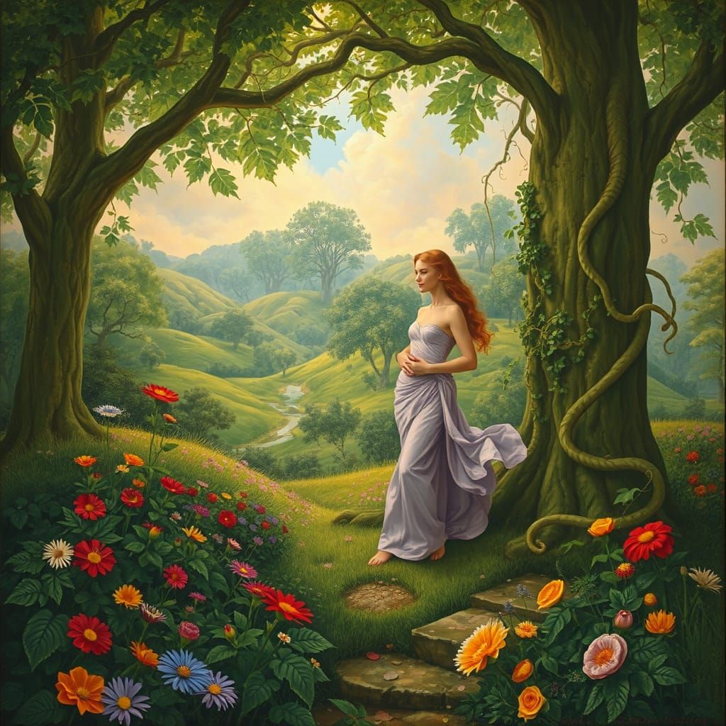 Ethereal Garden Scene in Dreamlike Romantic Style