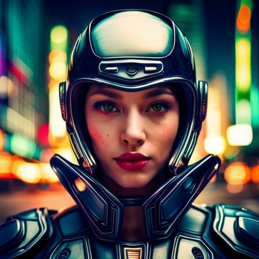 Cyborg Girl Portrait in Neon Cityscape