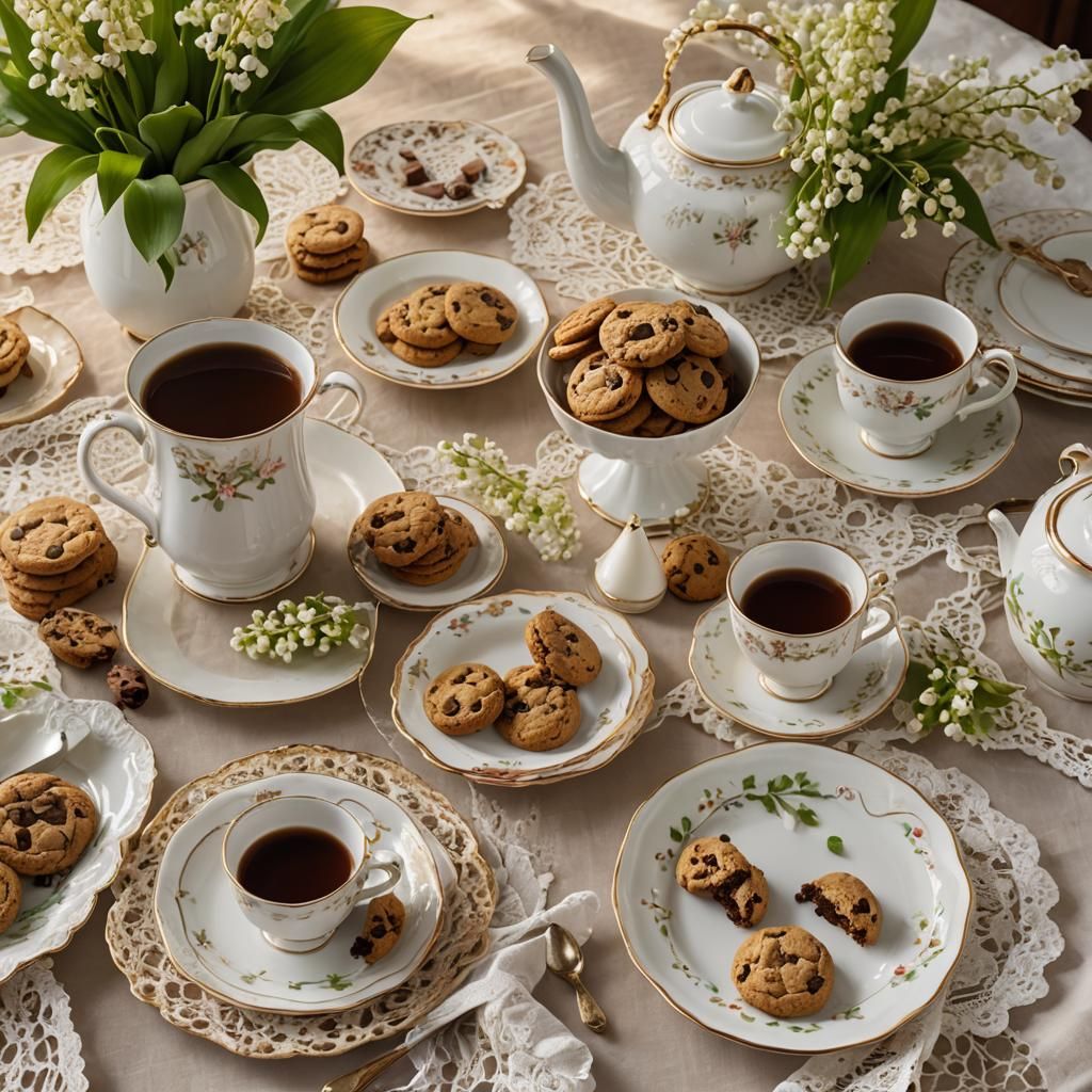 Vintage Tea Set with Cookies in Golden Hour Light