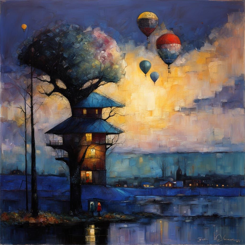 Primitive Naive Encaustic Painting with Textured Elements