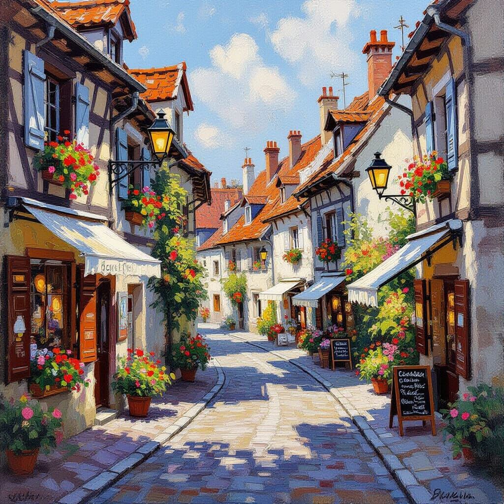 Charming European Village Street in Charcoal Style