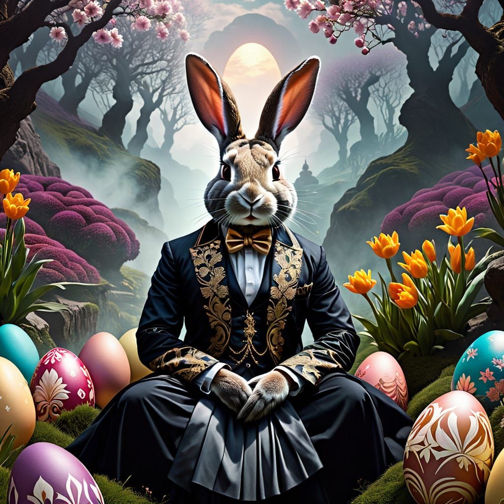 Surreal Easter Bunny in Dark Fantasy Landscape