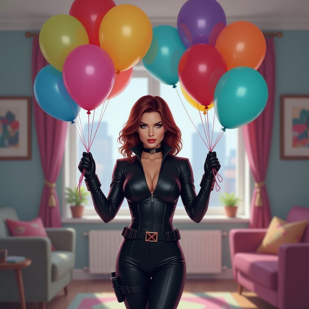 Black Widow Pops Balloons in Cyberpunk Digital Art Style