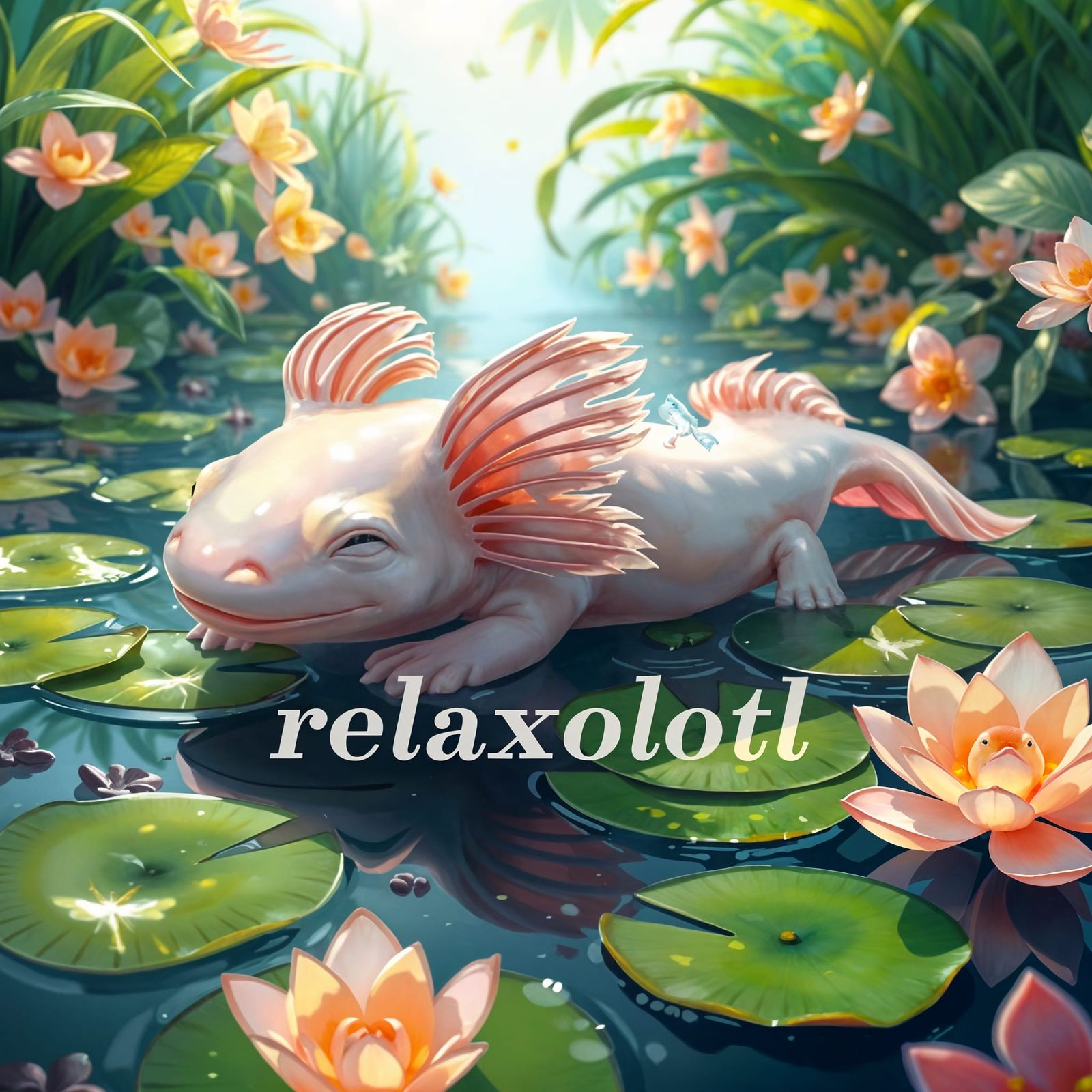 Sugar-White Axolotl in Whimsical Tropical Lagoon