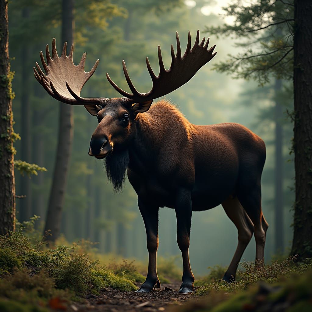 Majestic Moose Bull in Forest Sunlight
