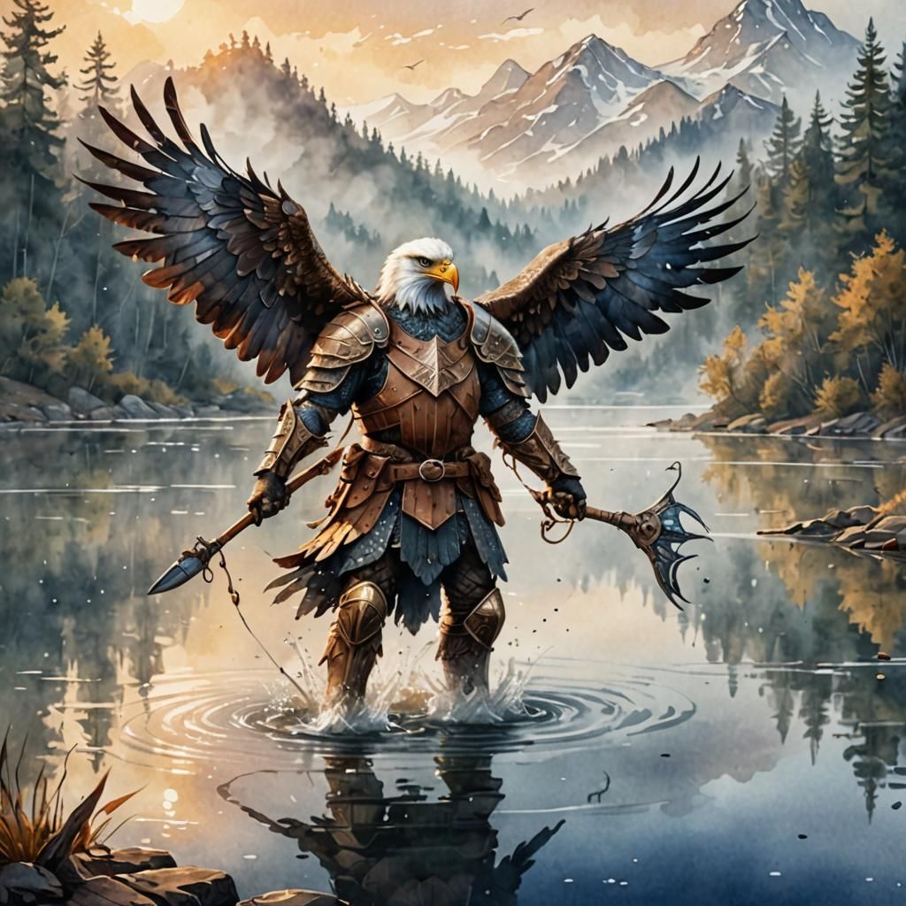 Eagle in Leather Armor Fishing: Watercolor Fantasy