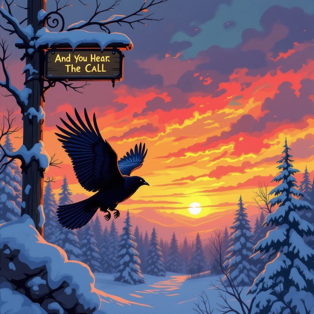 Raven Soaring at Winter Sunset in Digital Art