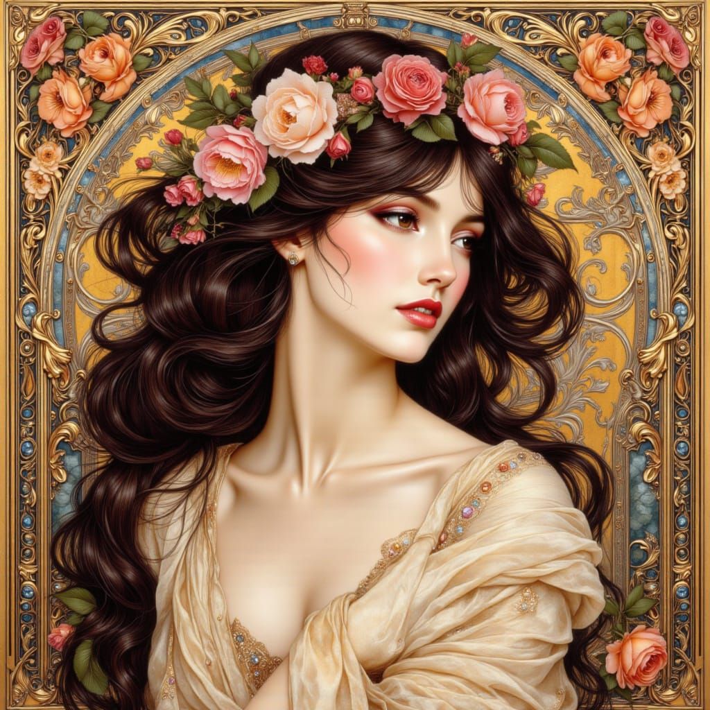 Art Nouveau Woman with Flowers in Ethereal Light