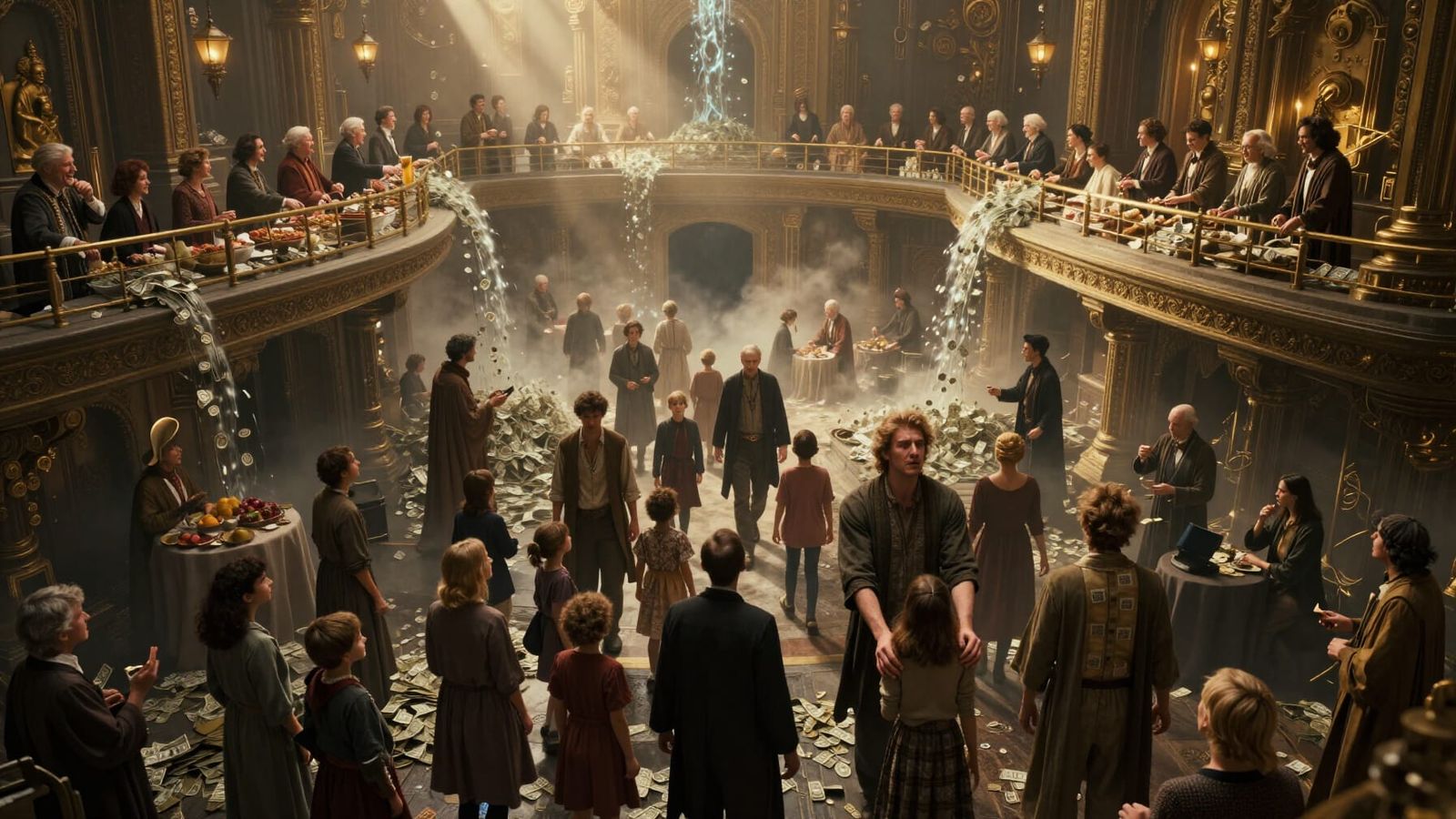 Dystopian Scene of Elite Feasting and Public Procession