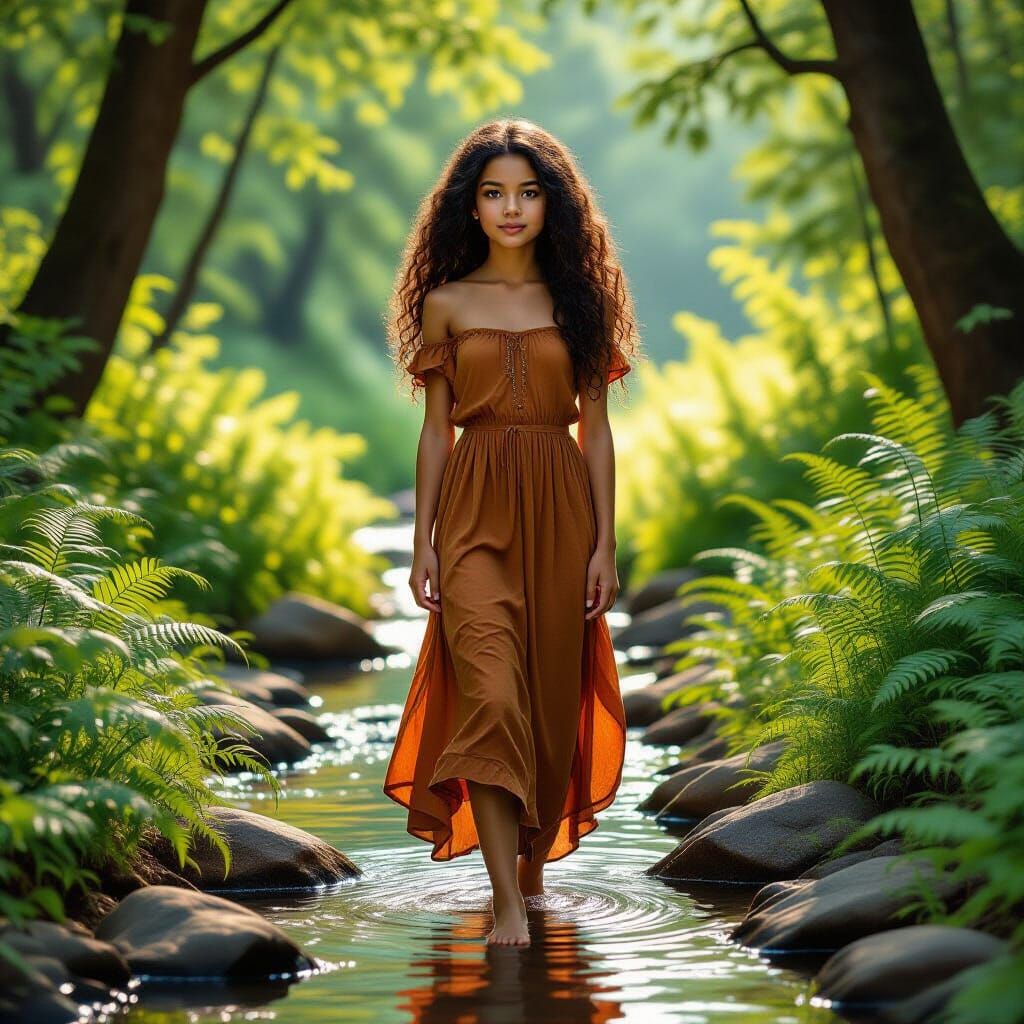 Girl by Stream in Lush Forest, Photorealistic Style