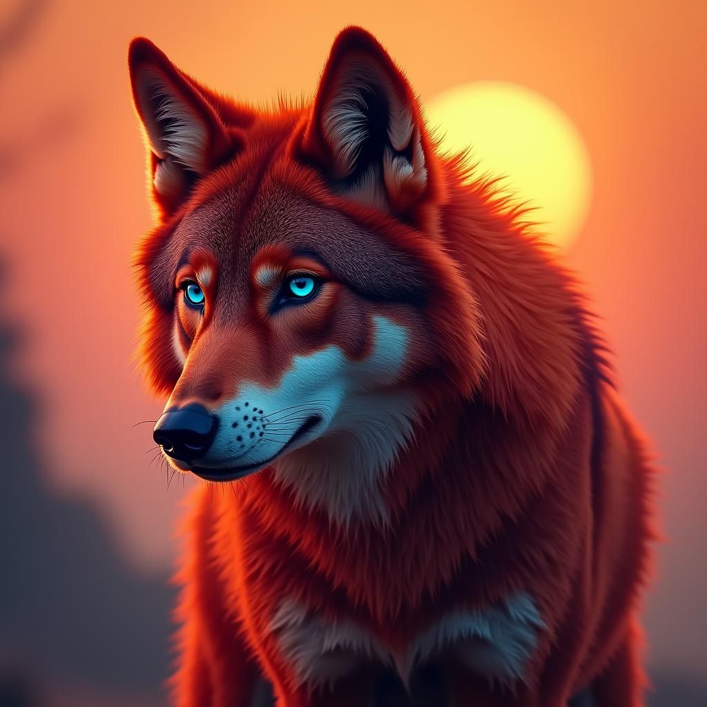 Majestic Red She-Wolf at Sunset, in Futuristic Style