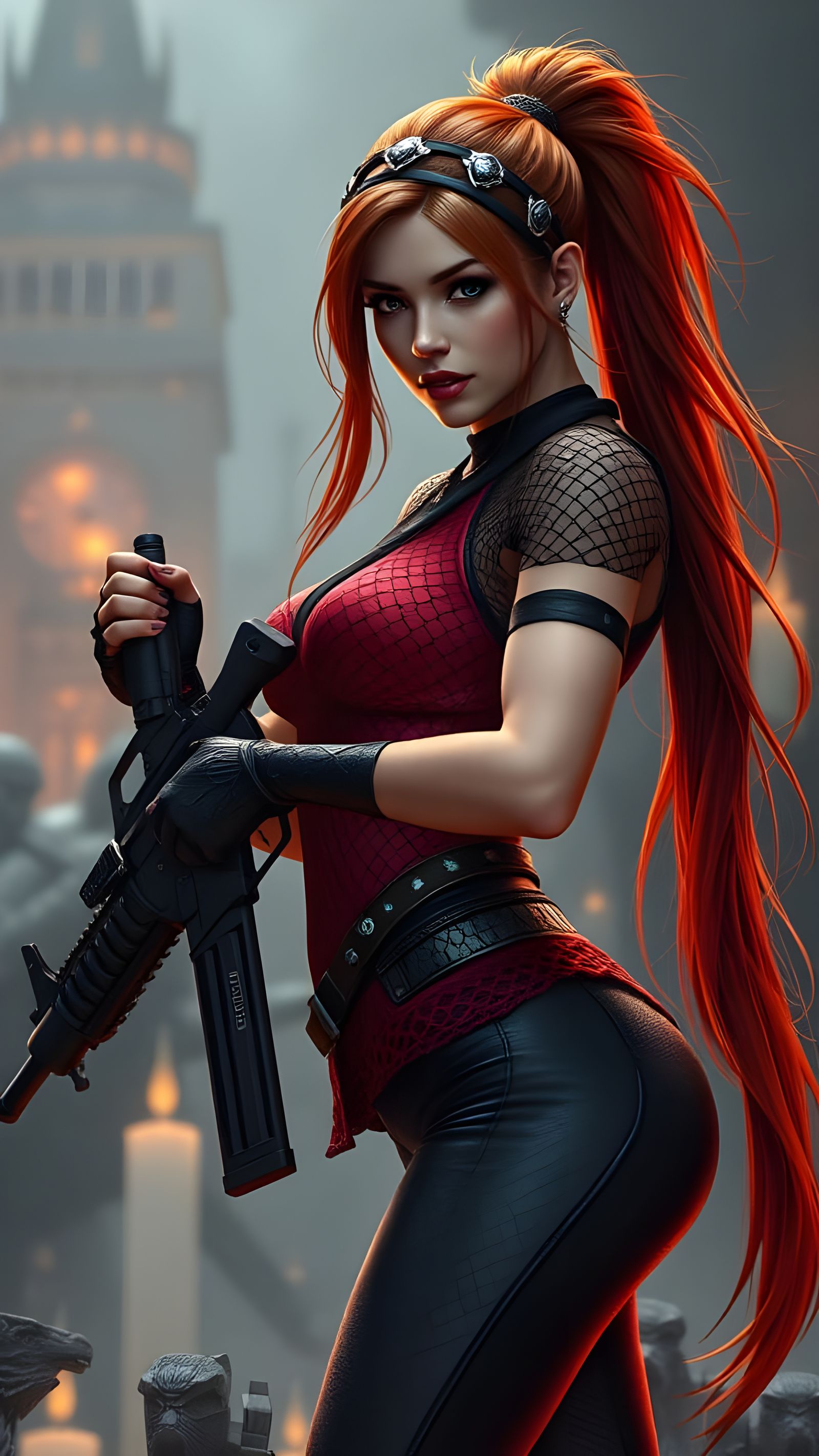 Elegant Warrior in Cyberpunk Armor