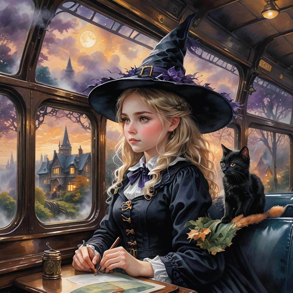 Young Witch and Kitten on a Magical Train