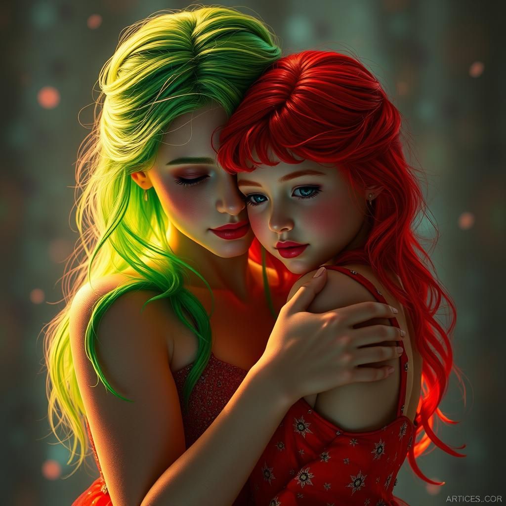 Two Girls Embrace in Art Nouveau Style