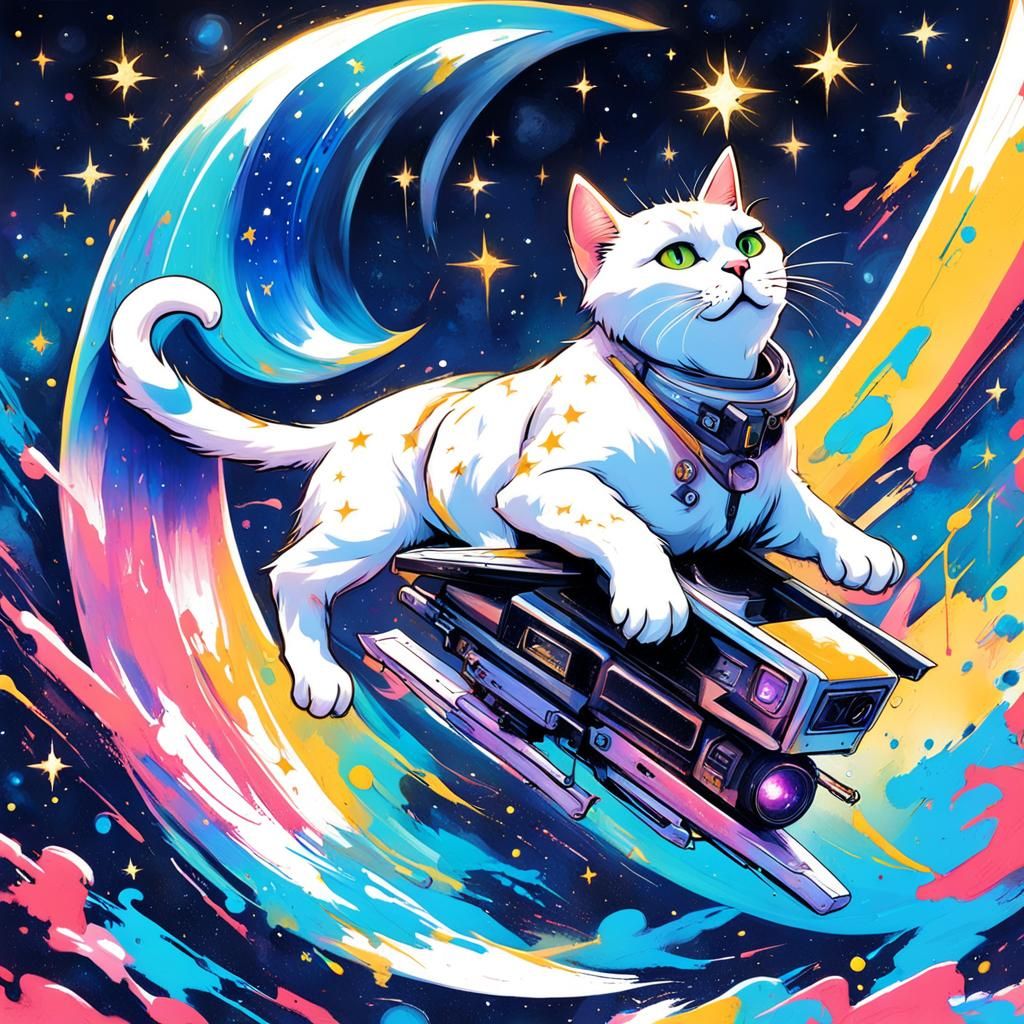 Cat Riding a Shooting Star in Graffiti Art