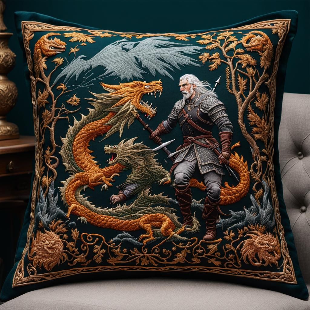 Embroidered Witcher Pillow Fight Scene