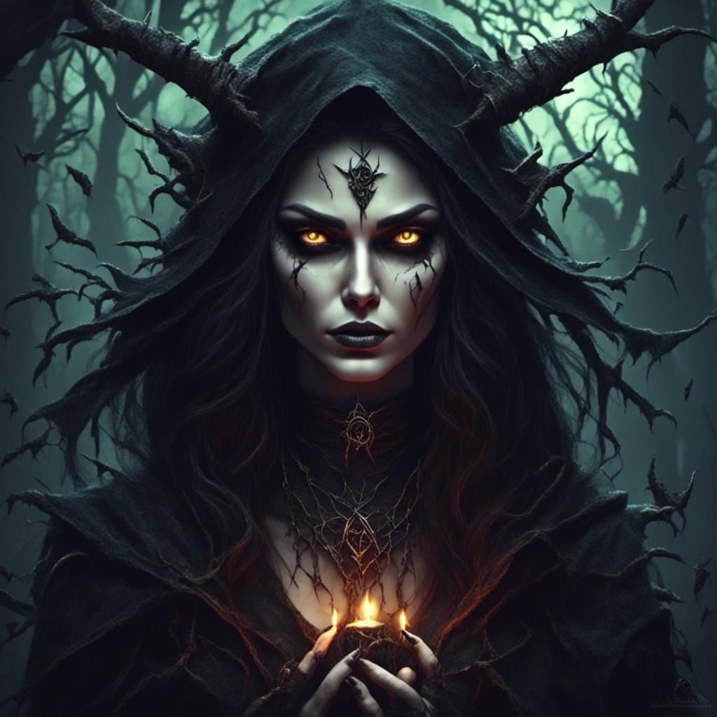 Sinister Witch with Glowing Eyes in Dark Fantasy Style