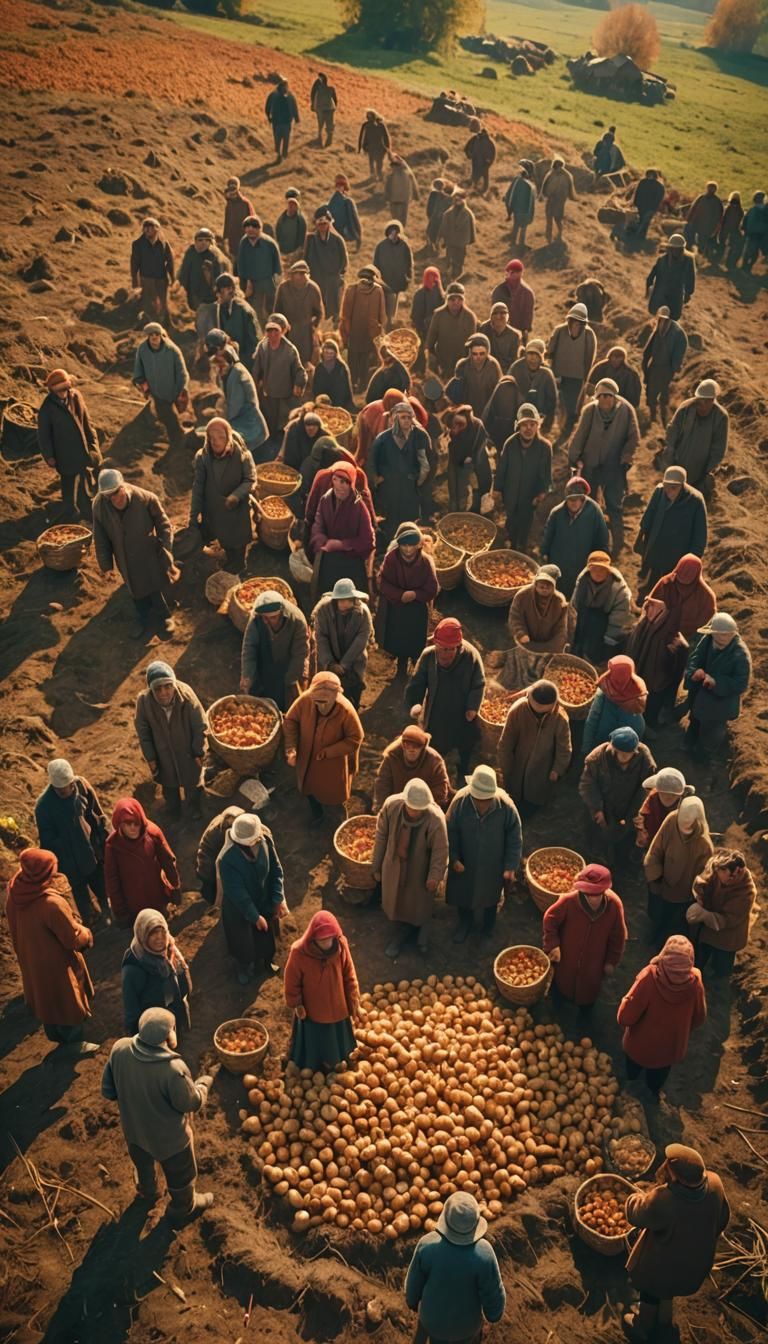 Villagers Harvest Potatoes in Sun-Drenched Field