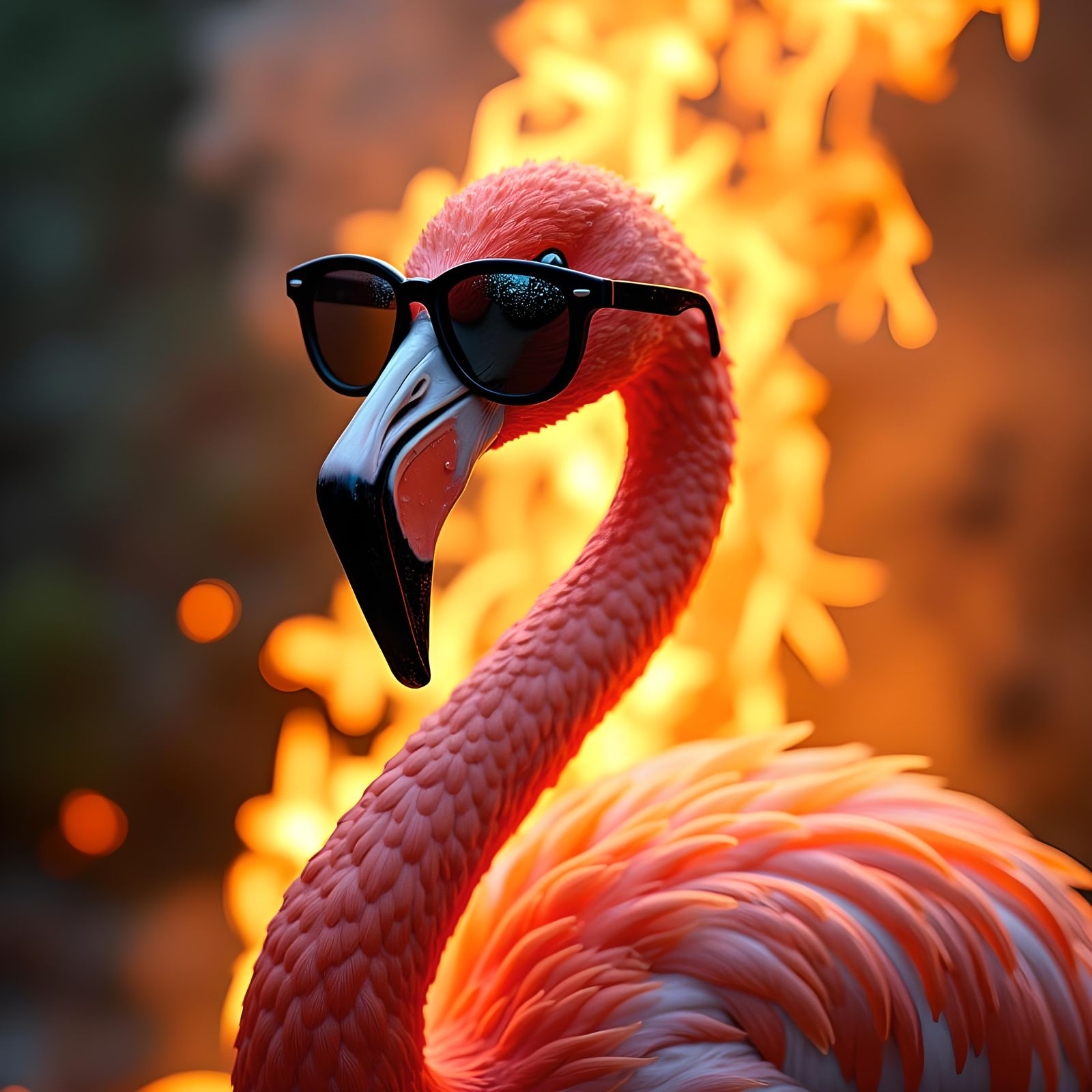 Flamingo in Flames Wearing Sunglasses Portrait
