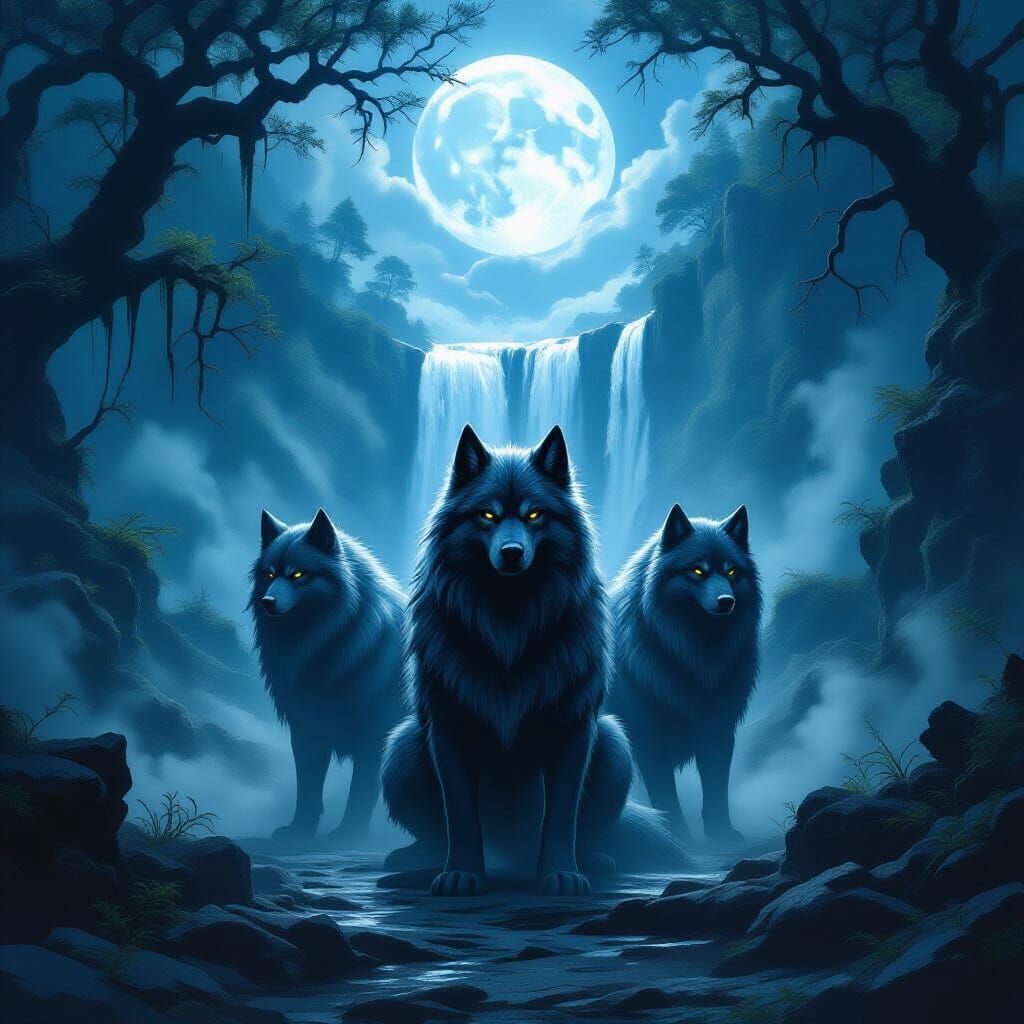 Three-Headed Cerberus Dog in Moonlit Fantasy Forest