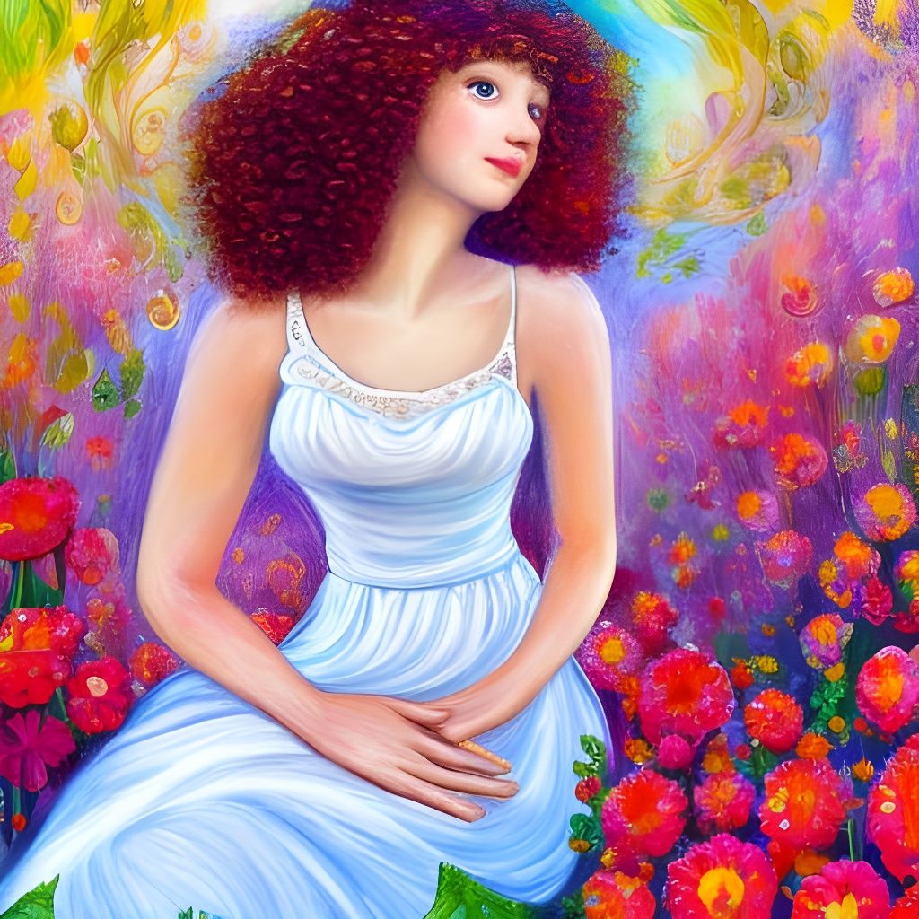 Red-Haired Girl in Flower Garden: Impasto Gouache