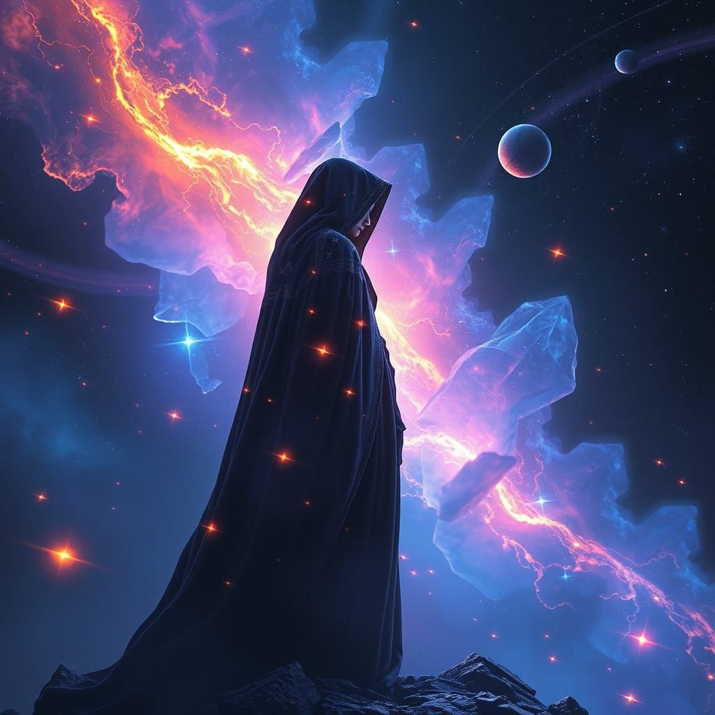 Mystical Cosmic Witch in Nebula Landscape