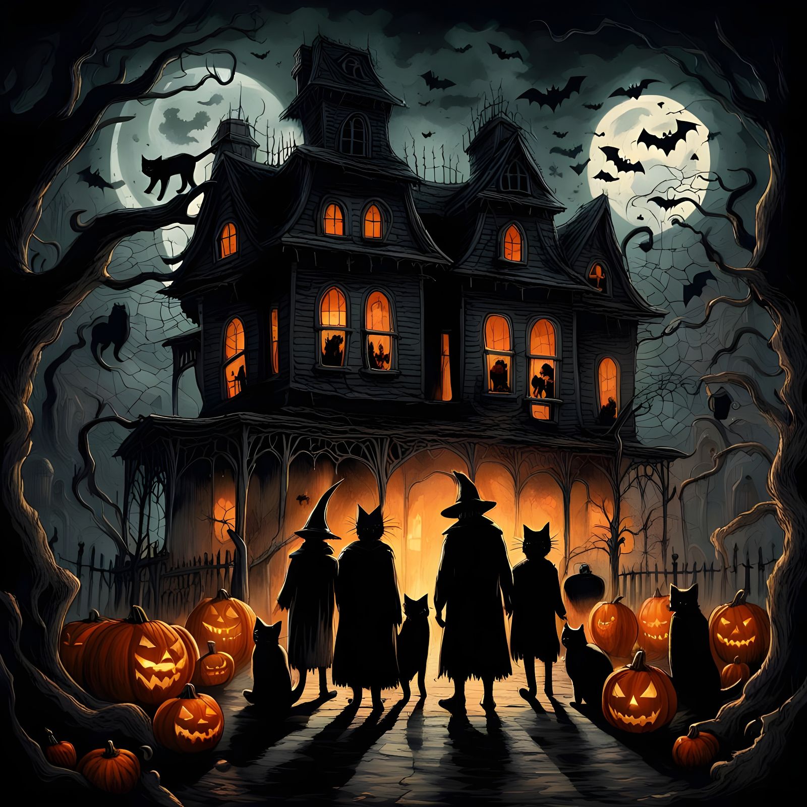 Halloween Haunted House with Ghosts and Black Cat