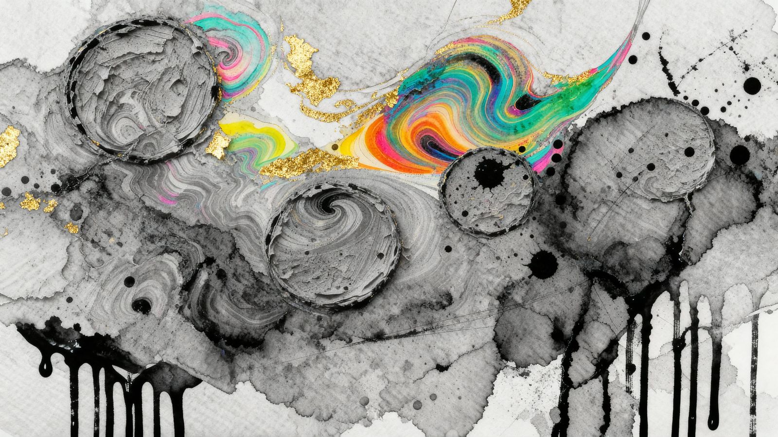 Vibrant Alcohol Ink Swirls with Monochrome Splatter