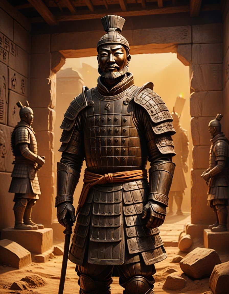 Terracotta Warrior Stands Guard as Oil Painting