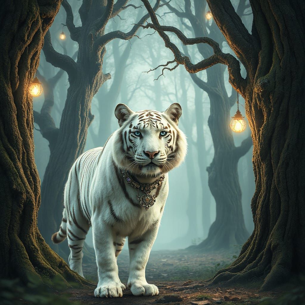 Mystical White Tiger in Ancient Runestone Forest