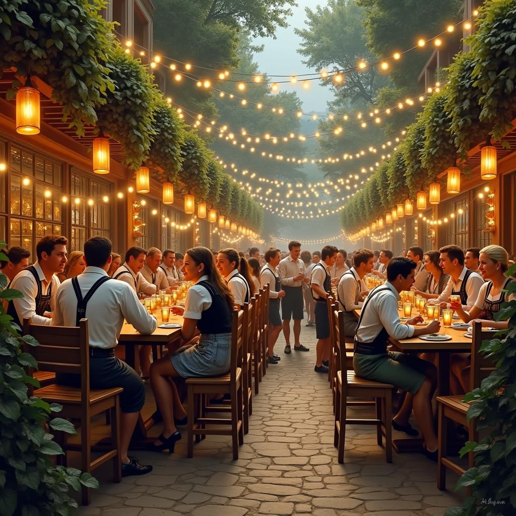 Oktoberfest Biergarten with Dirndl, Fantasy Art