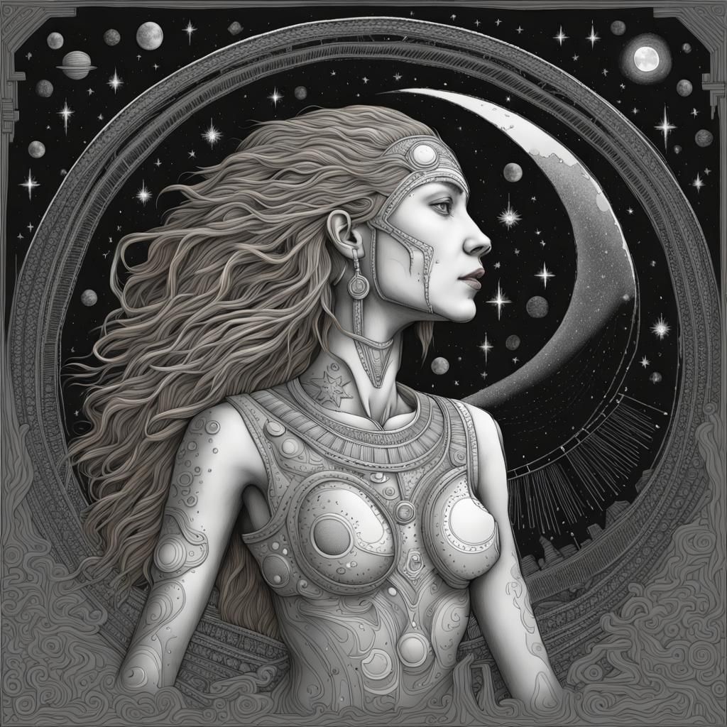 Aztec Moon Goddess Line Drawing Illustration