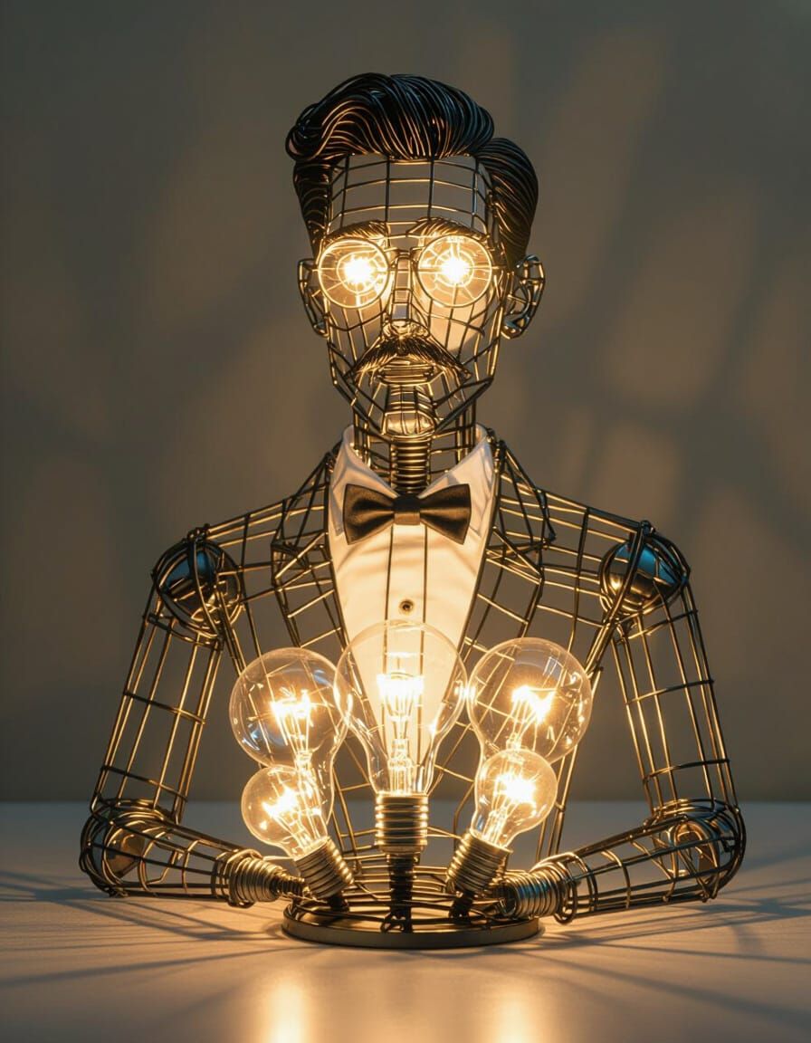 Intricate Wire Figurine with Glowing Lightbulbs