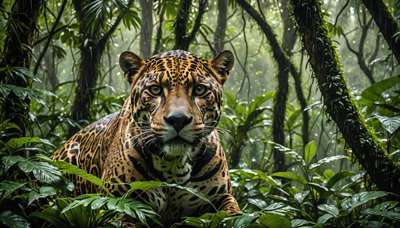 Jaguar in Rainforest Canopy: Hyperrealistic Ambush