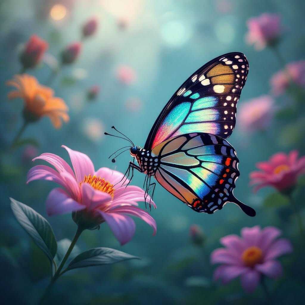 Confused Butterfly in Vibrant Garden with Magical Light