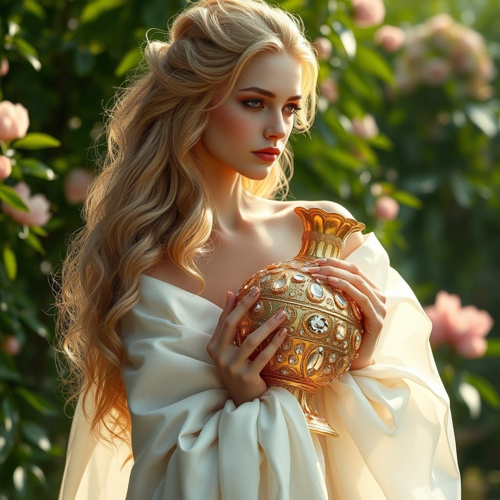 Elegant Woman Holds Golden Vase in Serene Outdoor Oasis