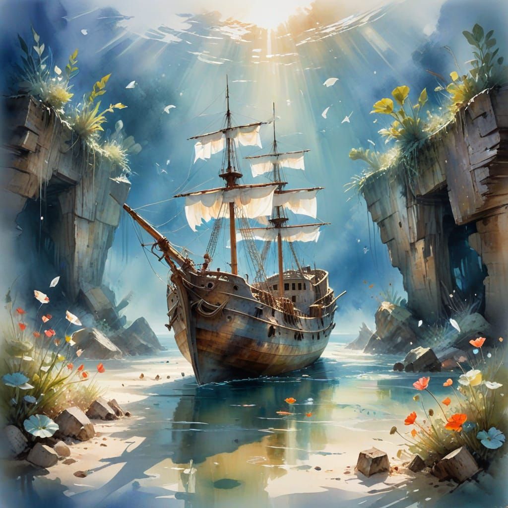 Whimsical Ocean Floor Shipwreck Scene in Watercolour Style